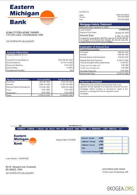 Relevé hypothécaire de la banque de l'Est du Michigan aux formats Word et PDF